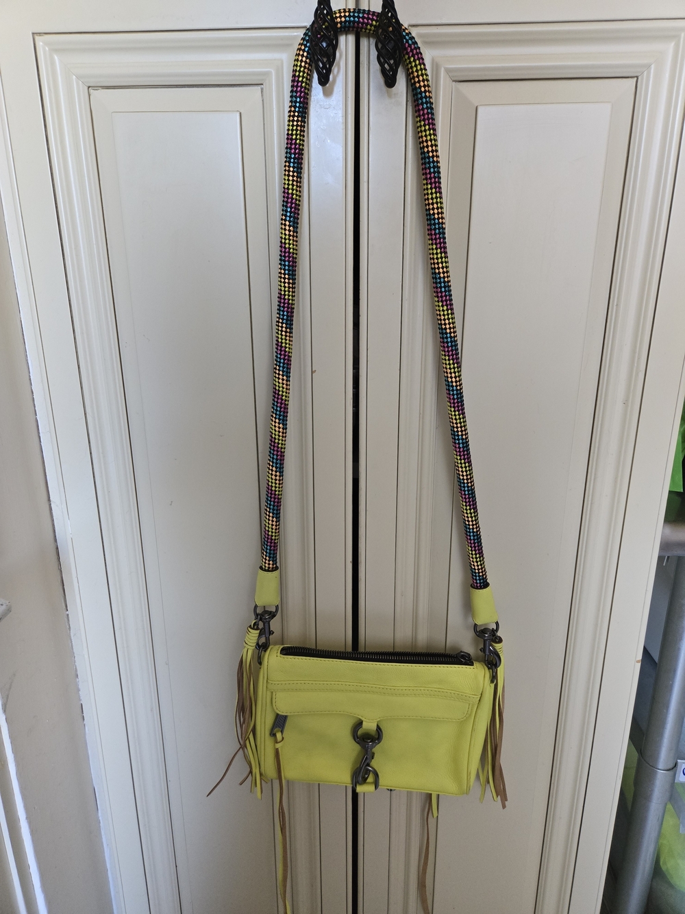 Rebecca Minkoff Neon Yellow Crossbody Bag with Multicolor Strap